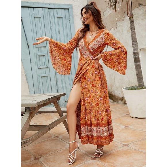 Boho long sleeve orange Floral Print Bell Sleeve Tie Front Wrap Dress maxi dress - Picture 3 of 7